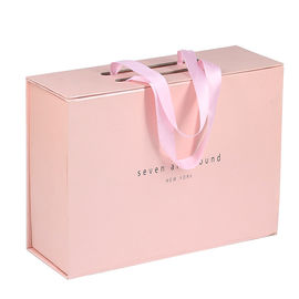 Foldable Pink Magnetic Closure Gift Box With Ribbon Handle Premium Glossy Finish